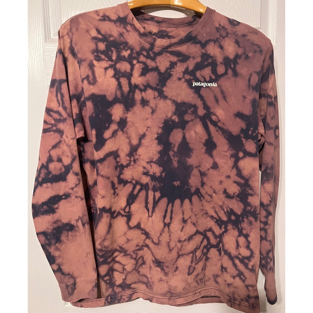 Patagonia Worn Wear Tie Dye Long Sleeve Shirt Organic Cotton Purple Black Logo L